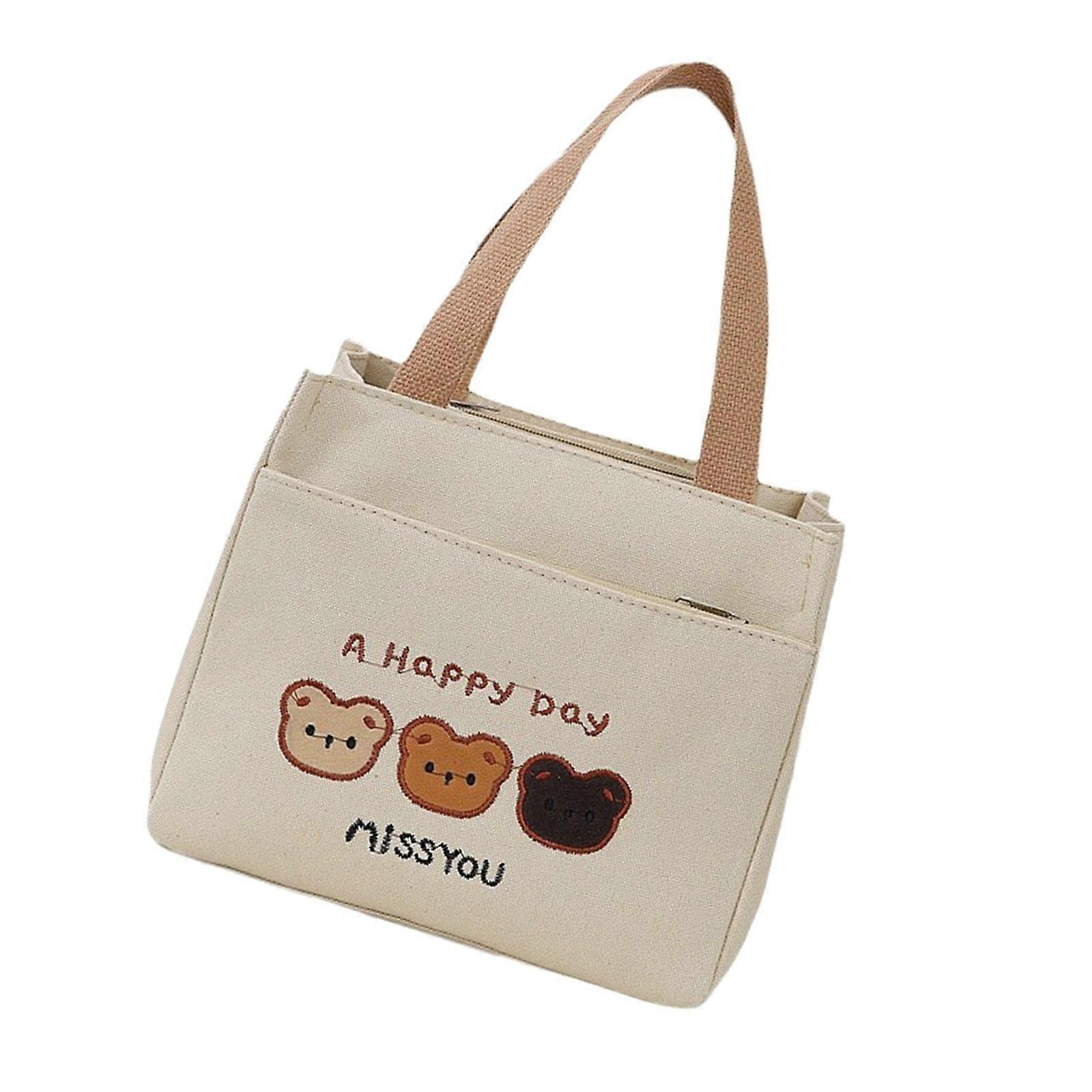 Embroidery Bear Design Canvas Bag Practical Fabric Spacious Compartment Comfortable Handles Lightweight Carry Bag  Khaki