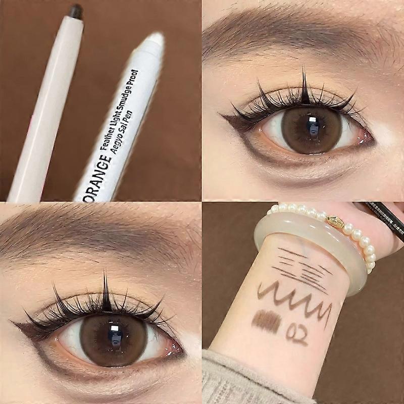 Feather-like, light-colored, eyeliner pen with pearlescent, matte, and highlighting properties, long-lasting and smudge-proof single color.