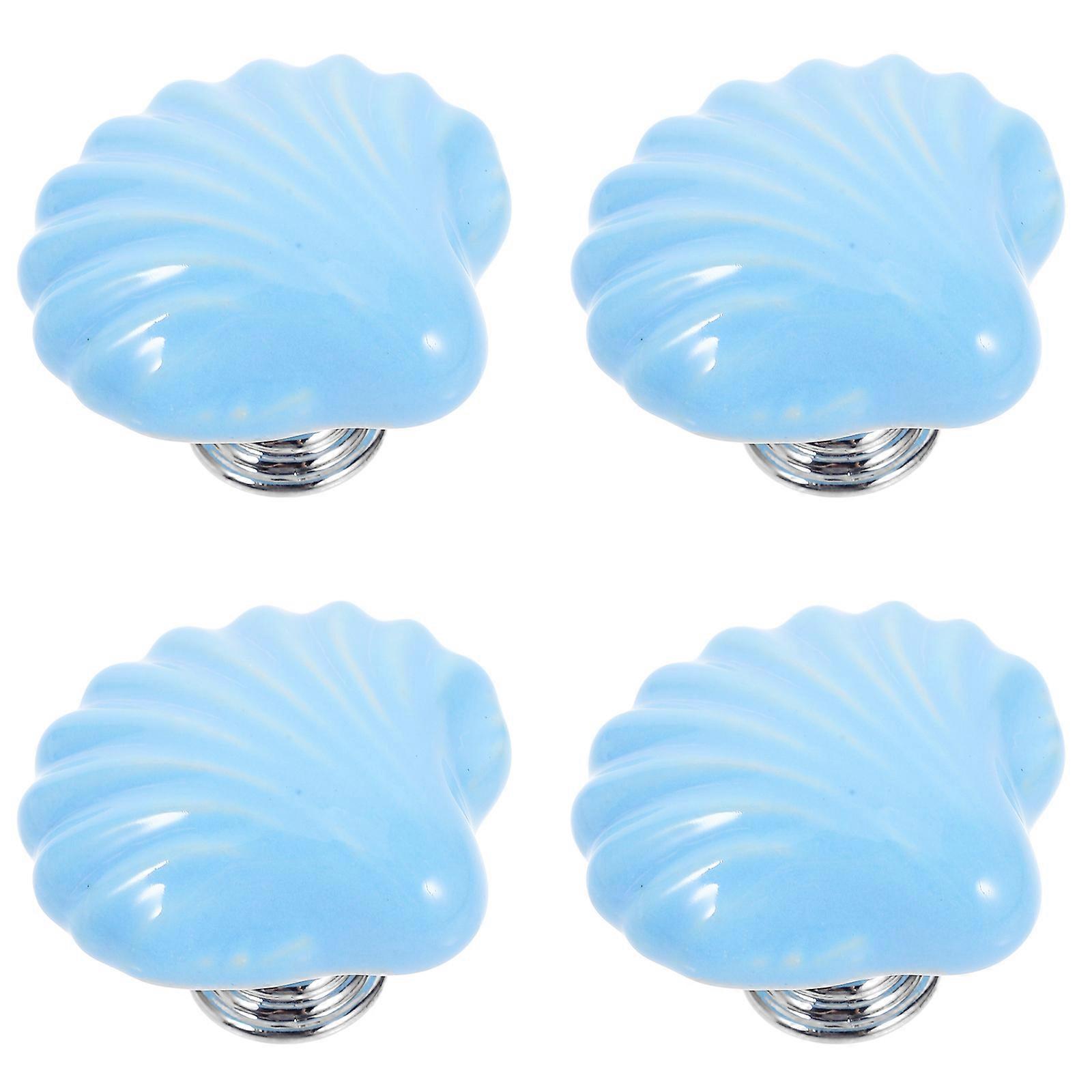 4pcs Ceramic Shell Knobs Sea Style Pull Handle Unique Door Knobs Funiture Door Handles for Cabinet Drawer (Blue)