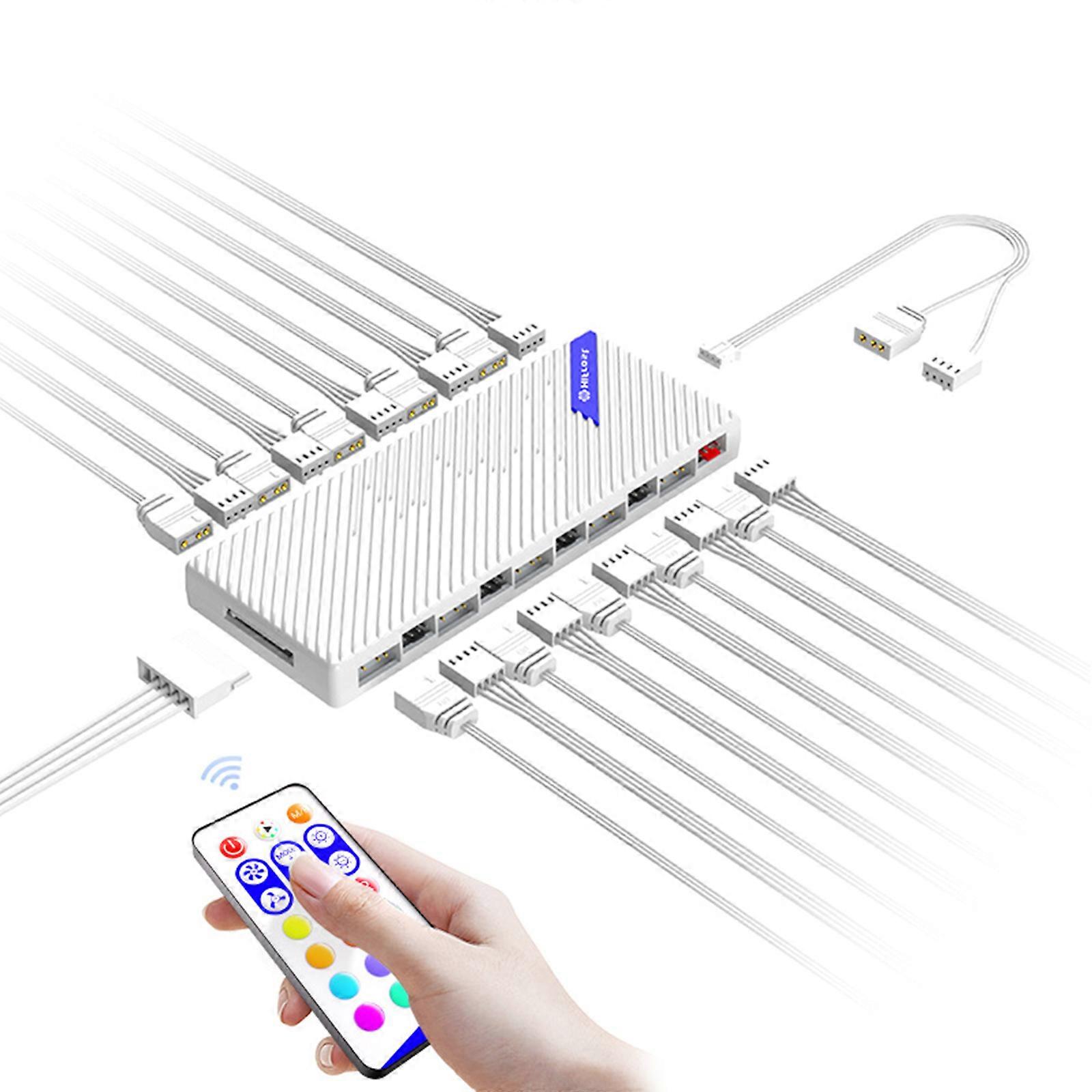10Port Fan Adapter Hub Enhances Cooling Connection Up To 10 Fans 12V or 5V base 4Pin PWM or 3Pin ARGB Fans  White