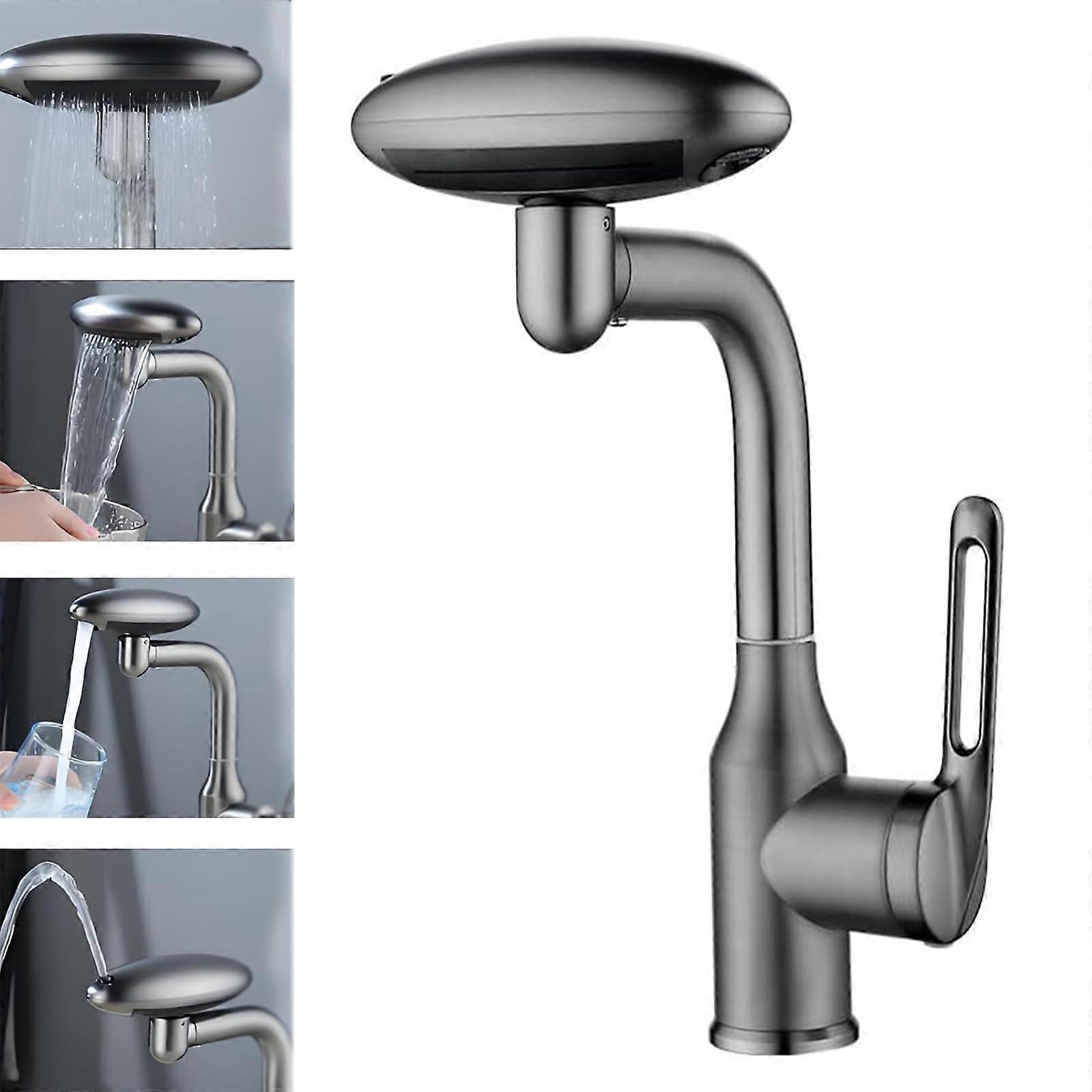 Stainless Steel Bathroom Faucet with 4 Water Modes, 360° Swivel Spout and PopUp Drain (Black A)