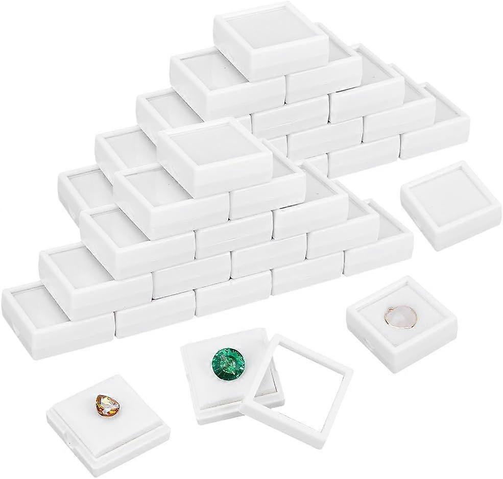 48Pcs White Gemstone Display Box 1.57x1.57x0.6Inch Plastic Transparent Bare Stone Box Square Gem Box with Clear Top Lids for Gems Jewelry Packing