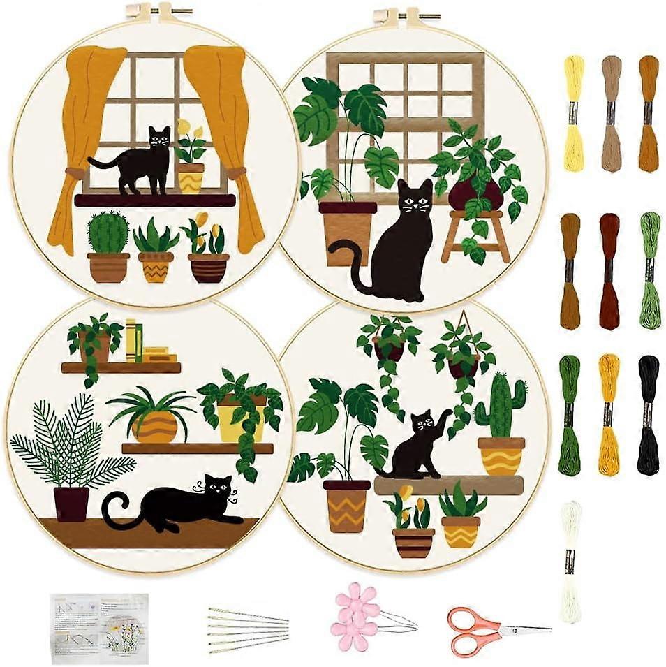 4 Set 20cm Black Cat & Plants Embroidery Kit, Cross Stitch Kit with Stamped Greenhouse Pattern, compatible with beginners, Instructions Included