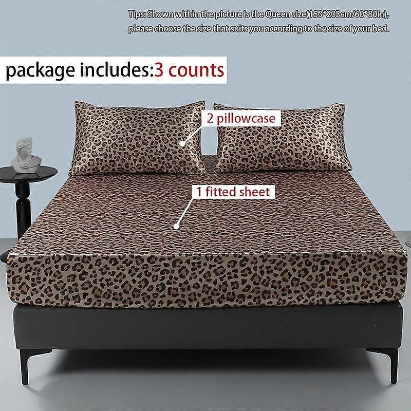 Satin Leopard Print Bedding Set, 3 Counts Including 1 Count Soft Comfortable Fitted Sheet & 2 Counts Pillowcase without Filler, Bed Linens, 