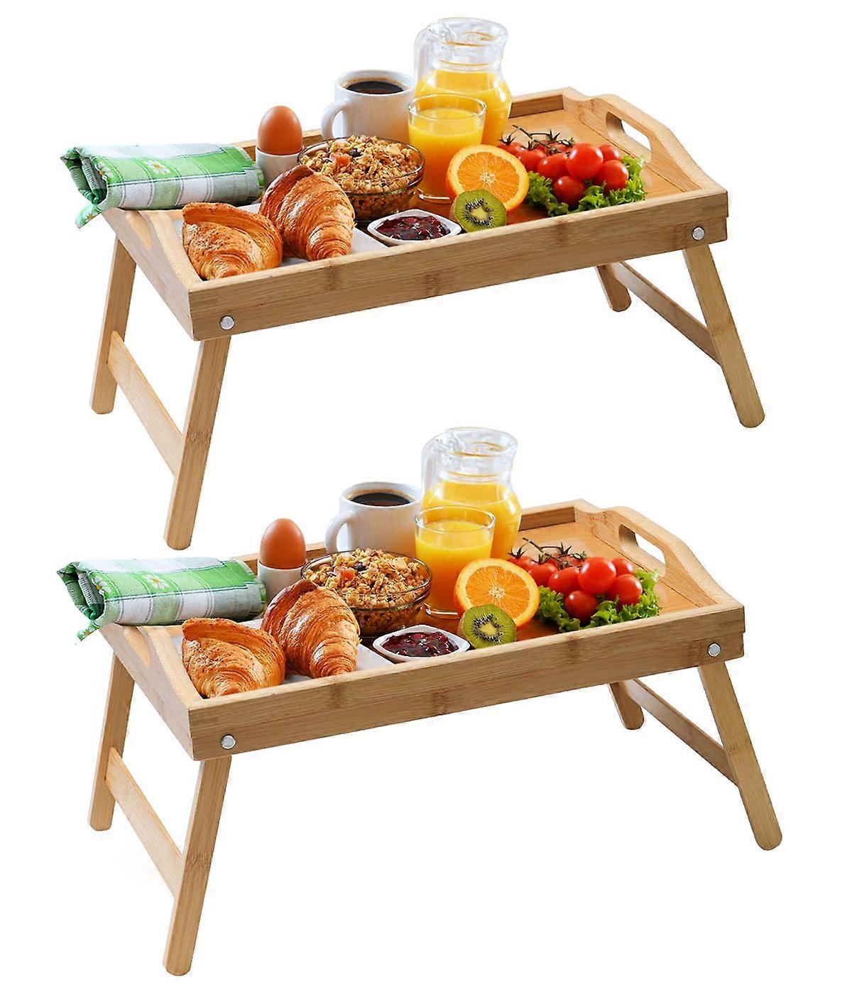 2 Pack Bed Tray Tables, Foldable Bamboo Serving Trays with Handles for Eating and Working