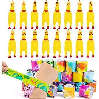 20PCS Squeaky Rubber Chickens & 48PCS Slap Bracelets Bundle – Prank Toys, Party Favors, Noise Makers for Kids, Pet Classroom Prizes, and Graduation