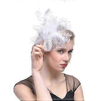 Ladies Elegant Floral Feather Mesh Yarn Headband Bridal Hairpin Accessories (White)
