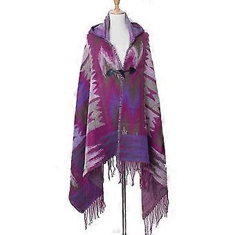 Women Bohemian Ethnic Hooded Poncho Tassels Shawl Cape Geometric Patterns Loose Cloak Scarf Cardigan with Horn Button