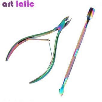 2Pcs/Set Nail Cuticle Nipper Double Spring Dead Skin Pusher Holographic Titanium Nail Art Manicure Pedicure Tools Kit