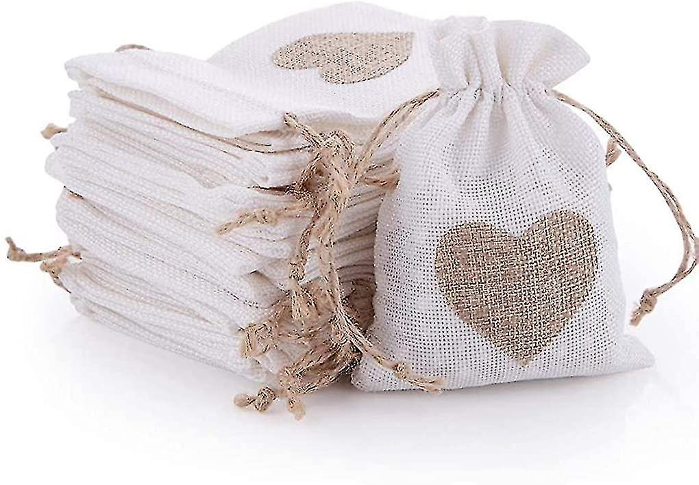 30pcs Burlap Bags Pouches With Drawstring And Heart Pattern For Jewelery Gift