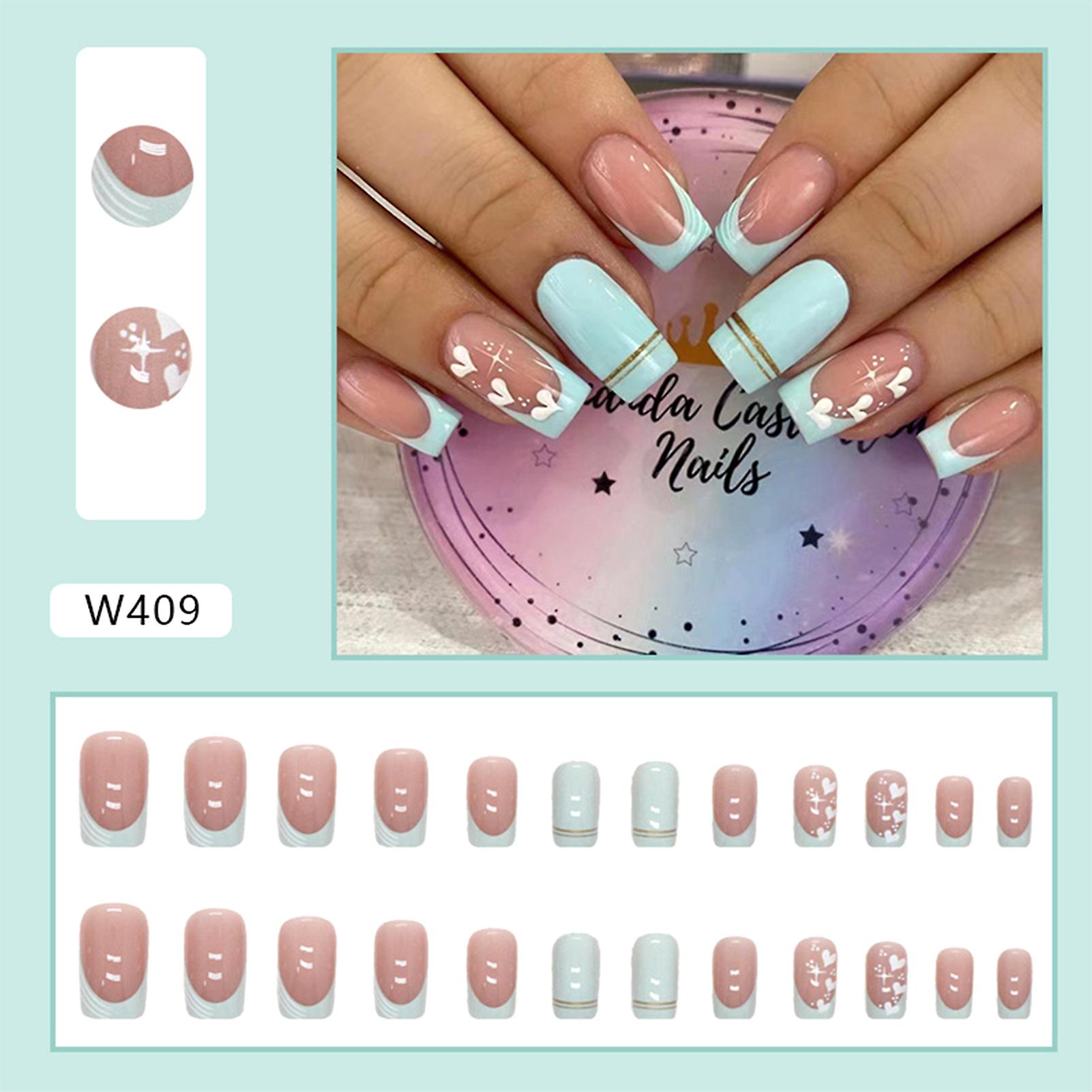 Blue Green Medium Square Fake Nails Easy To Apply Unique Color Nails For Daily Everyday Wearing