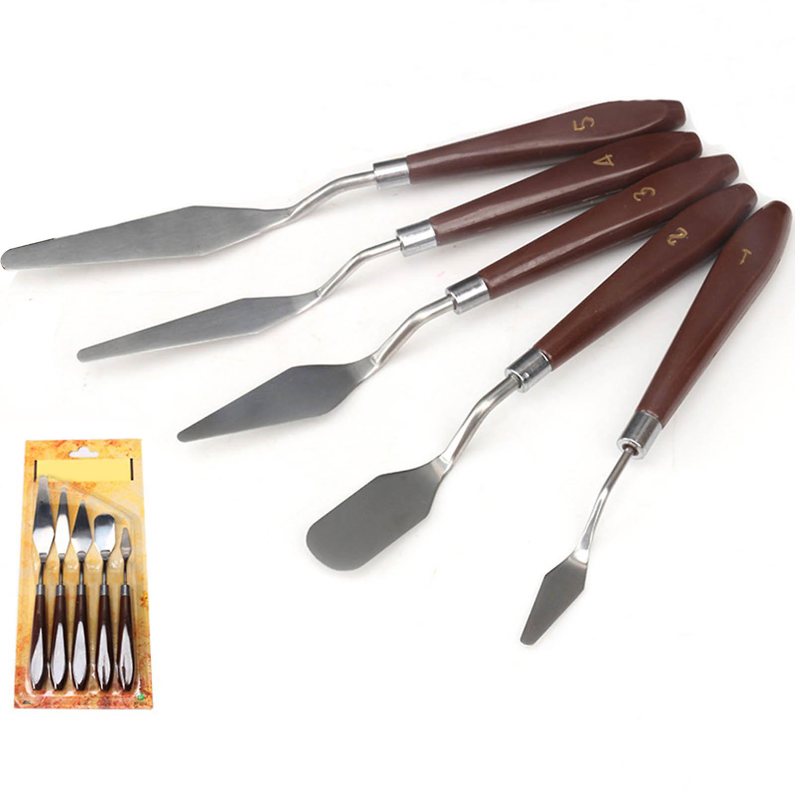 5pcs Oil Painting Scraper Set with Wooden Handle Stainless Steel Paint Spatula for Artists Students