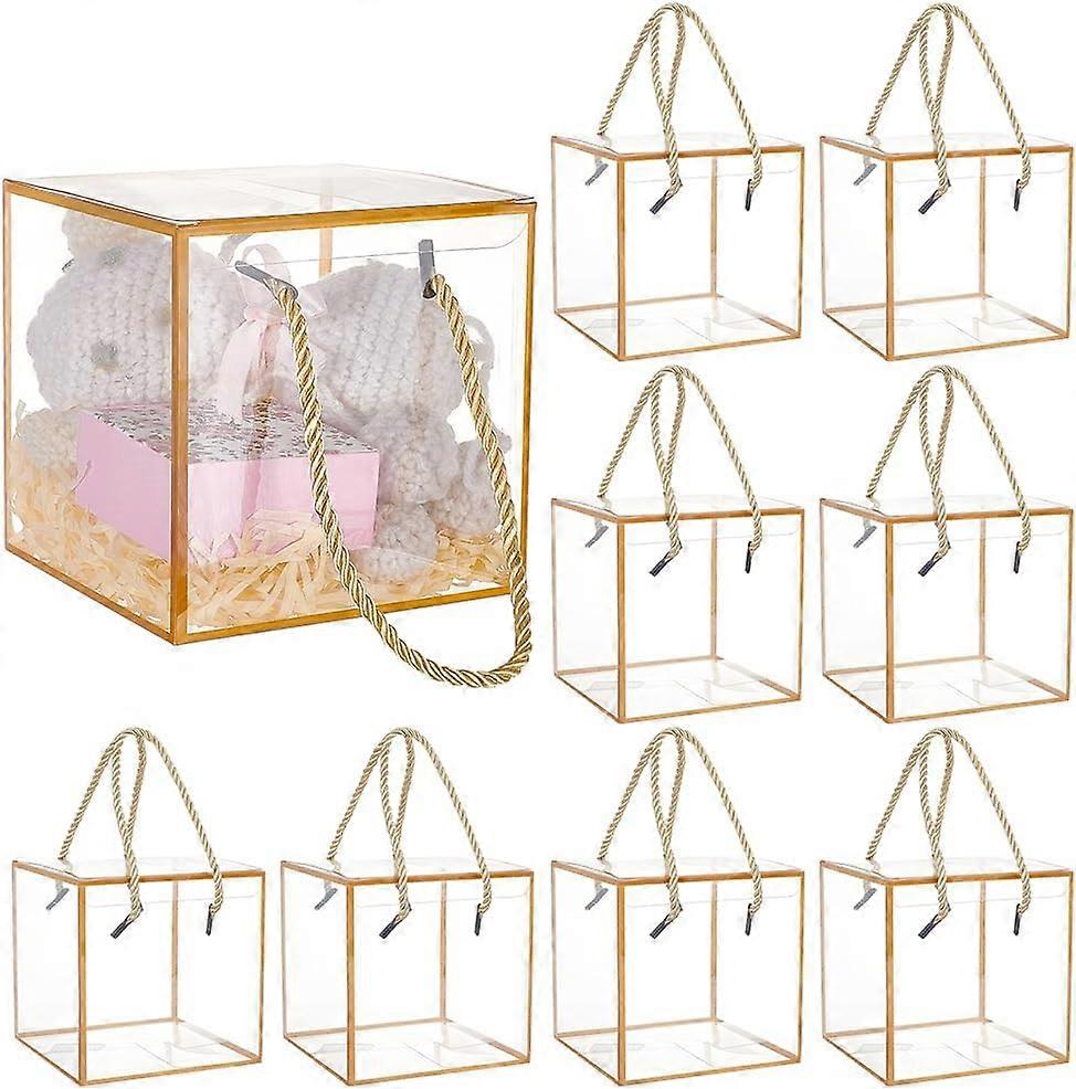 10 Set Transparent Favor Boxes 4.7x4.7x4.7 Inch Treat Gift Boxes with Goldenrod Border Lace and Handle for Candy Chocolate Party Favors Christmas Gift