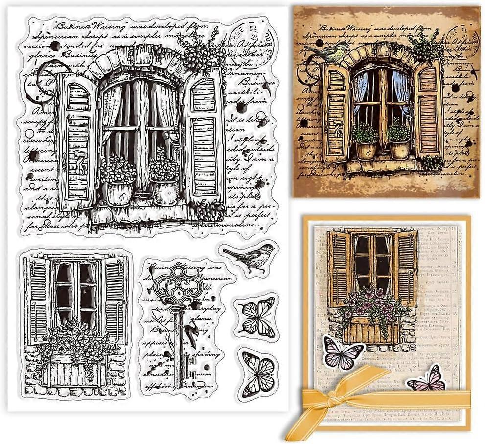 Garden Window Scenery Background Clear Stamps for Cards Making Butterfly Clear Stamp Seals Transparent Stamps for DIY Scrapbooking Photo Album Journal