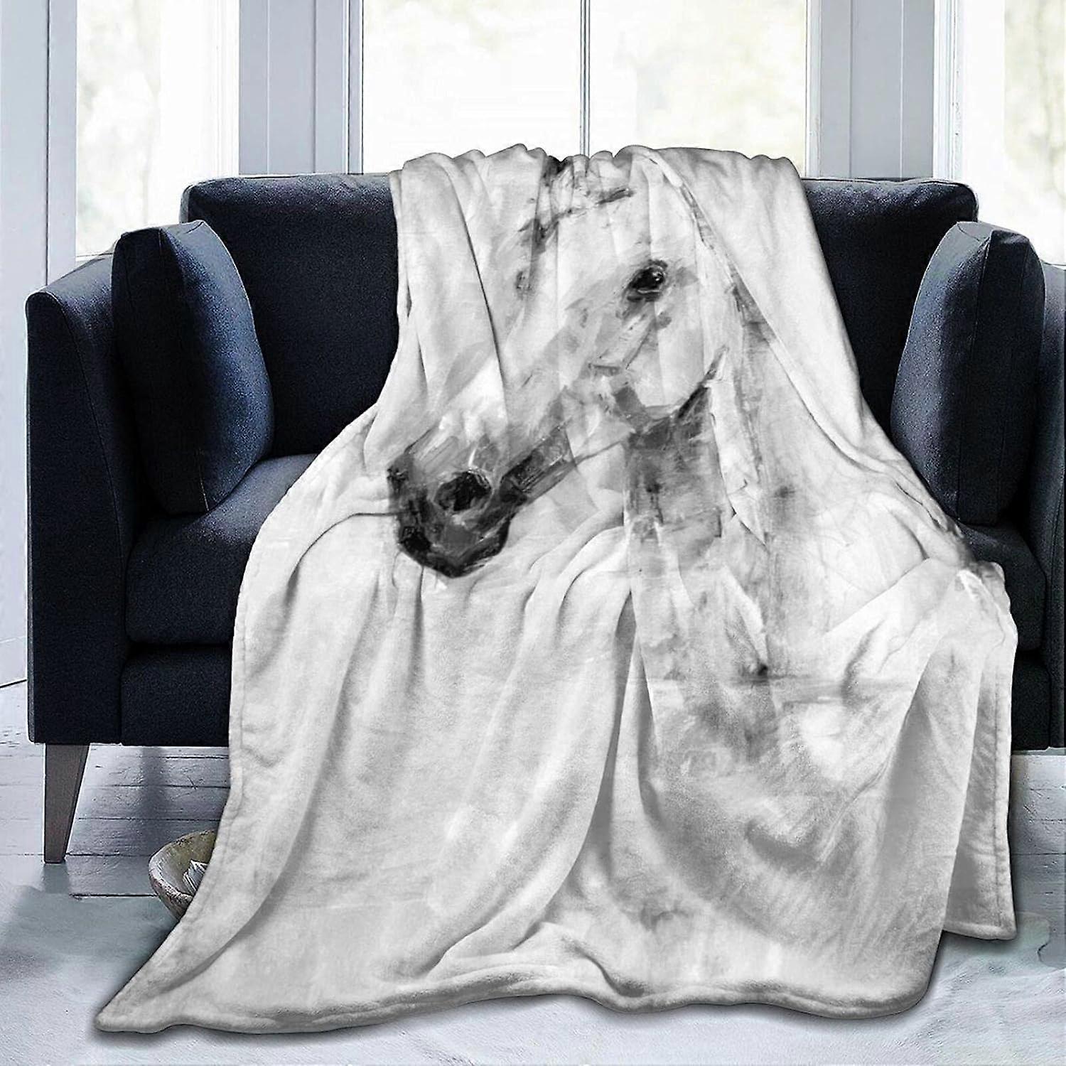 White Grey Horse Fleece Blanket Ultra Soft Throw Blankets Lightweight Plush Flannel Throws for Sofa Couch