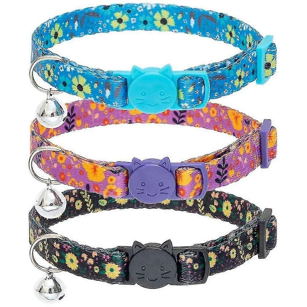 Breakaway Cat Collars With Bell - 3 Pack Floral Pattern Adjustable Safety