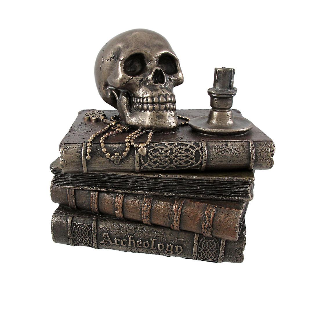 Bronze Wizard`s Study Books and Skull Trinket Stash Box Gothic Décor