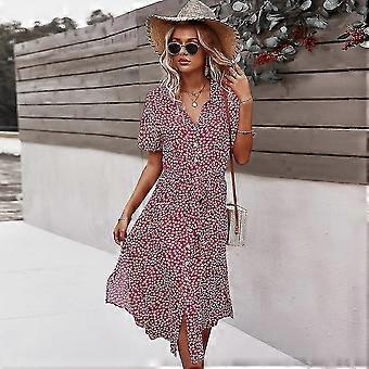 2023 Floral Print Dress Women Casual Short Sleeve V-neck Button
