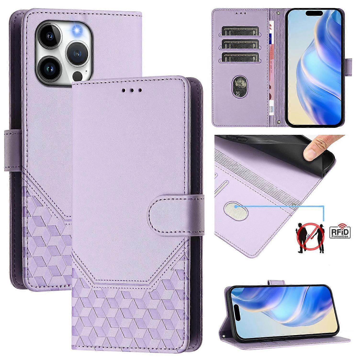 For iPhone 16 Pro Max Case Imprinted Honeycomb RFID Blocking Leather Phone Cover with Strap - Light 