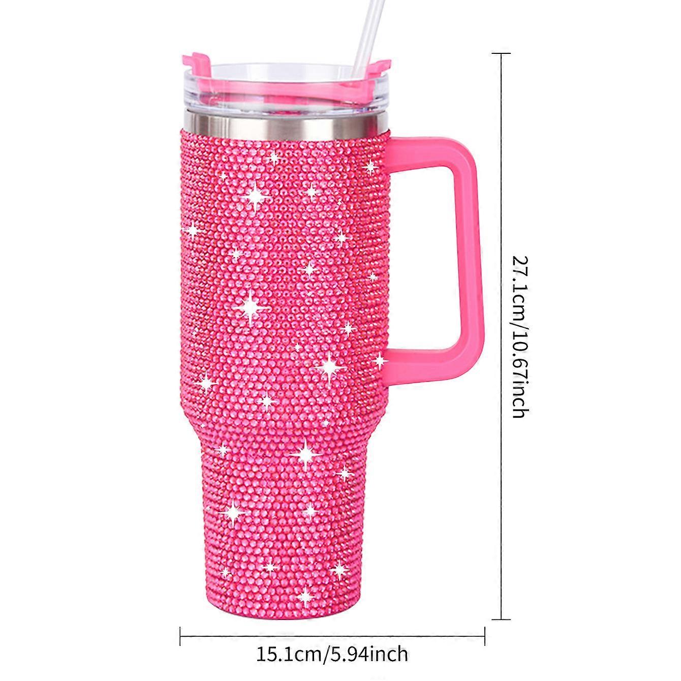 1pc Shiny Rhinestone 40 Oz Tumbler With Handle, Stainless Steel Insulated Travel Coffee Mug Double Wall Leak Resistant Vacuum Tumbler With Straw Porta