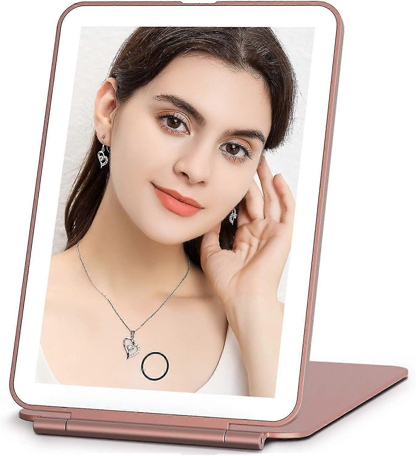 מראת איפור לנסיעות נטענת, תאורת איפור ניידת מראה יופי, 3 צבעים תאורה, ורוד