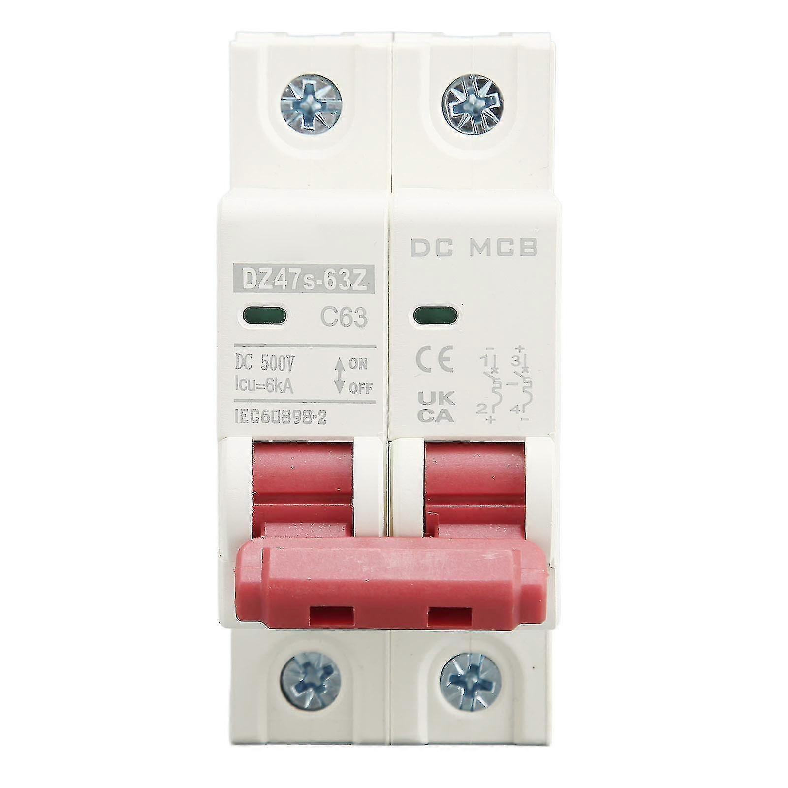 2P 63A DC Miniature Circuit Breaker for Solar PV System - DC500V 6000A Breaking Capacity - DIN Rail Mount
