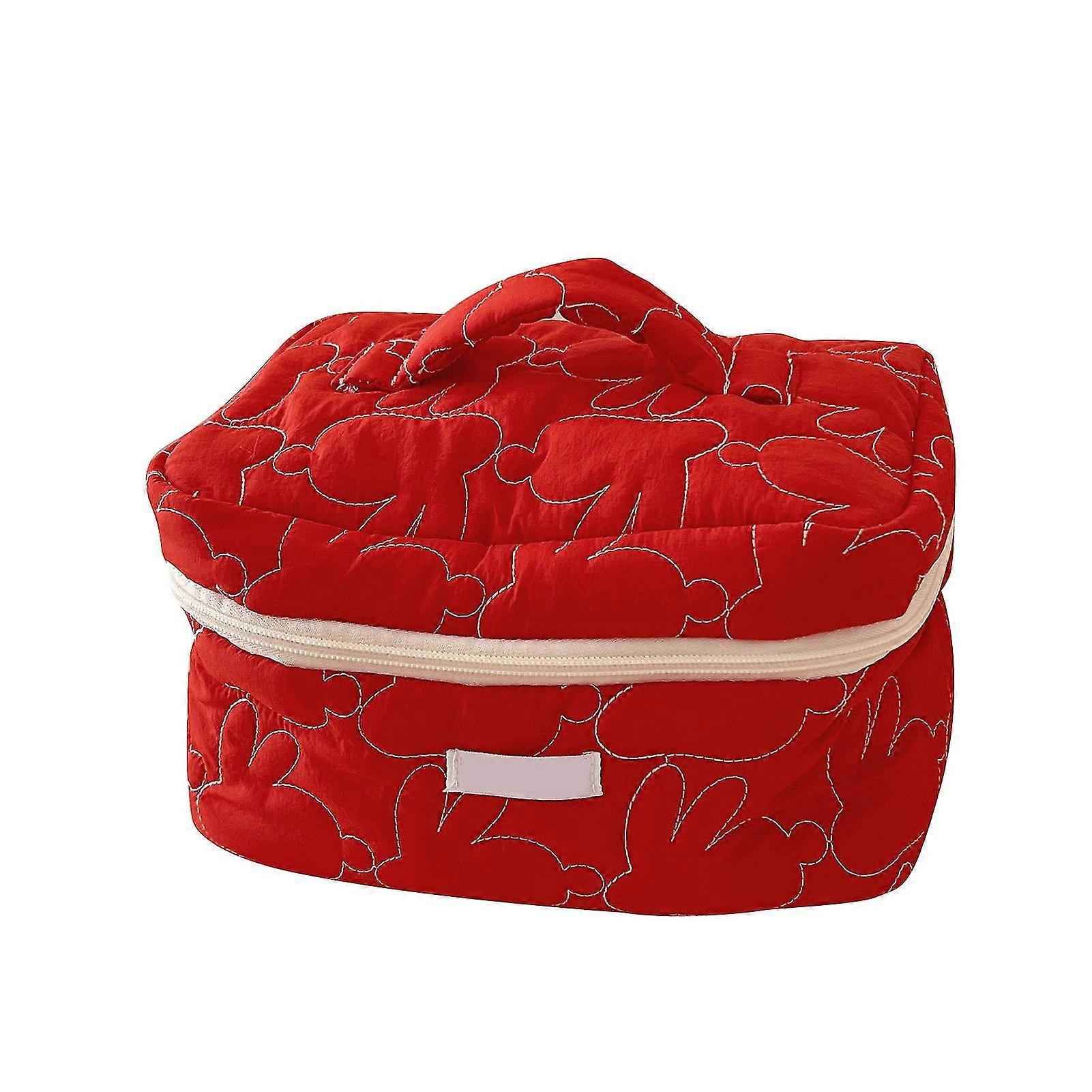 Large Red Makeup Storage Bag with Rabbit Pattern, Sturdy Handle, and Zipper Closure