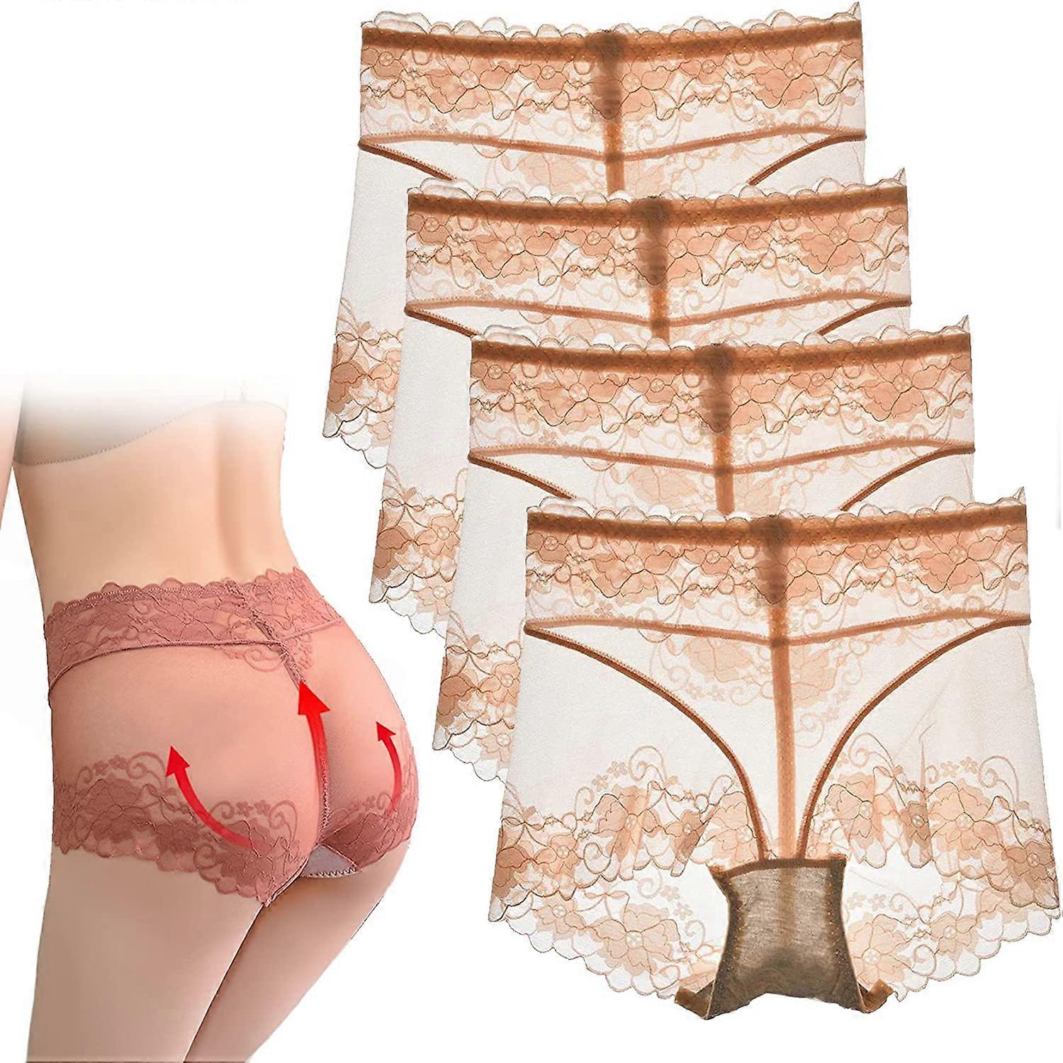 4pcs Mesh See Through Tummy Tucking Hips Lifting Panties,Womens Sexy Lace Panties High Waisted Plus Size Ladies Brief