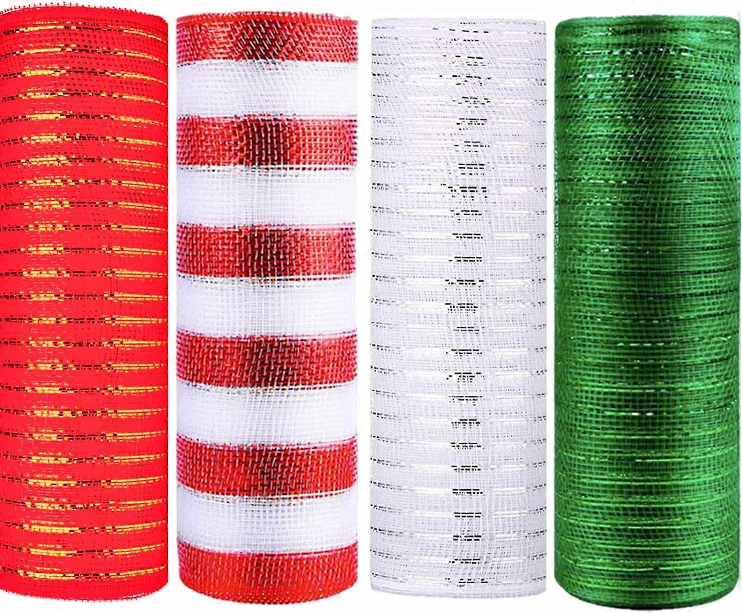 4 Rolls 26cmx 10 Yards Christmas Deco Poly Mesh Roll Xmas Ribbons,Christmas Deco Mesh Rolls for Wreath Making,DIY,Bows