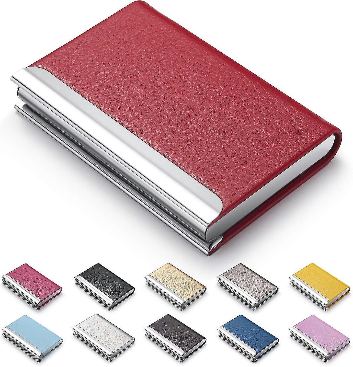 حامل بطاقة عمل ، حقيبة بطاقة عمل فاخرة من جلد البولي يوريثان - حافظة بطاقة ائتمان المحفظة ، حامل بطاقة جيب معدني نحيف مع إغلاق مغناطيسي (أحمر)