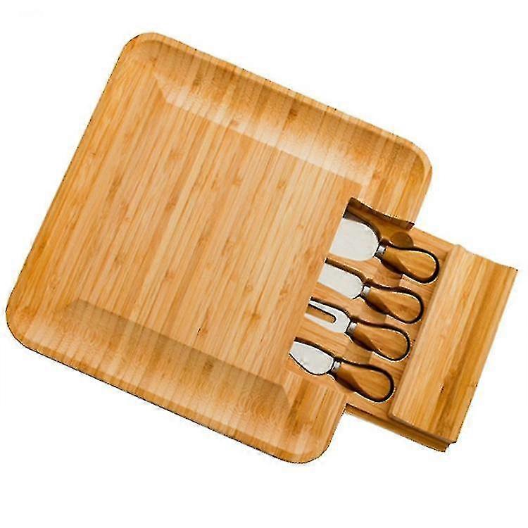 Cheese Board And Knife Set, Bamboo Serving Meat Tray Slide-out Drawers
