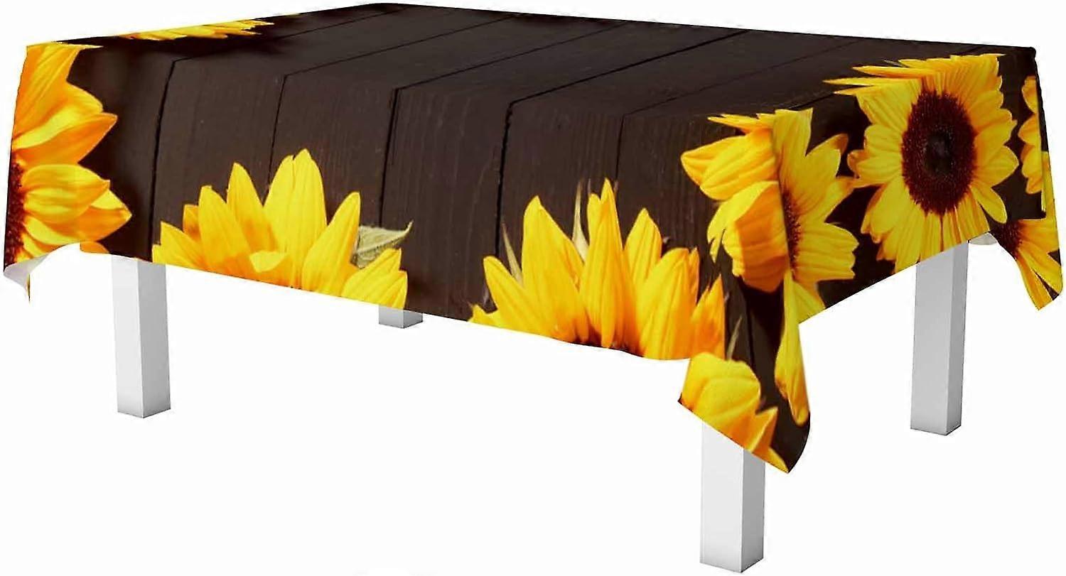 Sunflowers Rectangle Table Cloth Frame of Yellow Sunflowers Over Dark Rustic Wooden Boards Wipeable Waterproof Tablecloths Table Cover for Party Picni