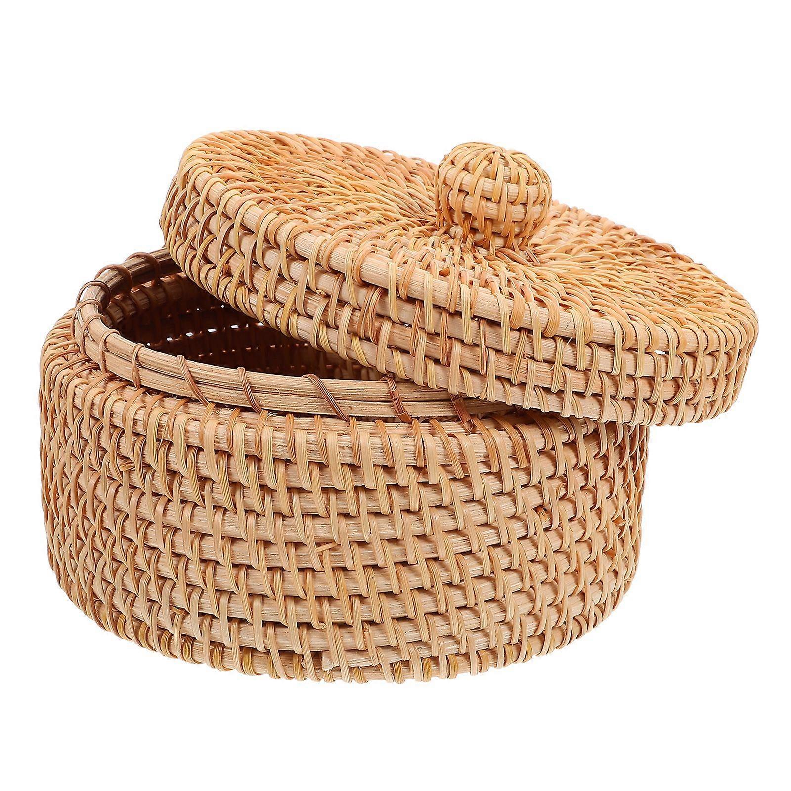 Lidded Rattan Box Round Multi-purpose Desktop Sundries Storage Organizer