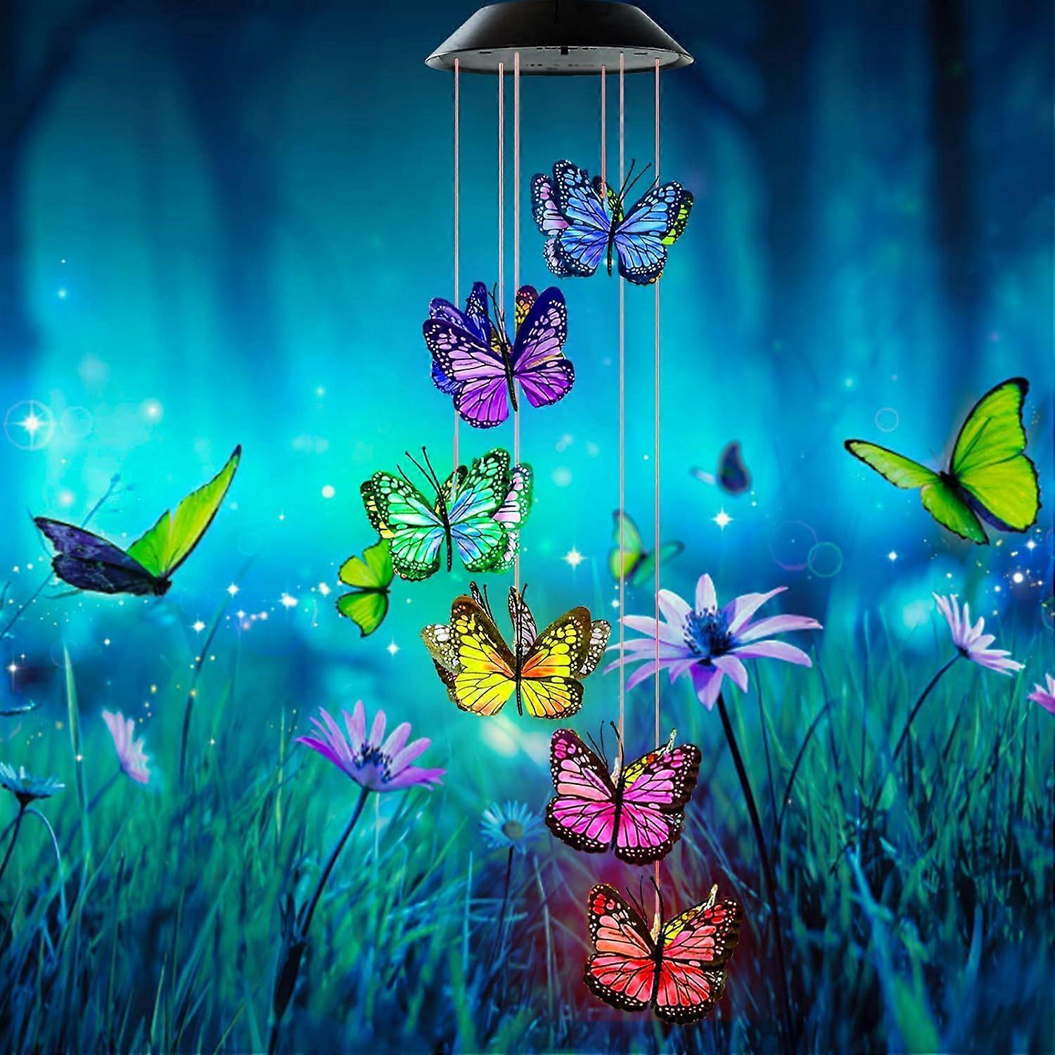 SBSG Wind Chimes for Outside,  Butterfly Solar Wind Chime Waterproof LED Color-Changing Wind Chimes Solar Powered Lights for Home Garden Christmas Dec