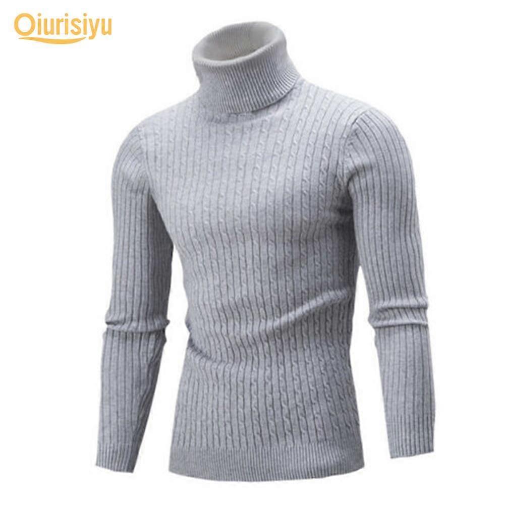 Men Solid Color Turtle Neck Long Sleeve Twist Knitted Slim Sweater