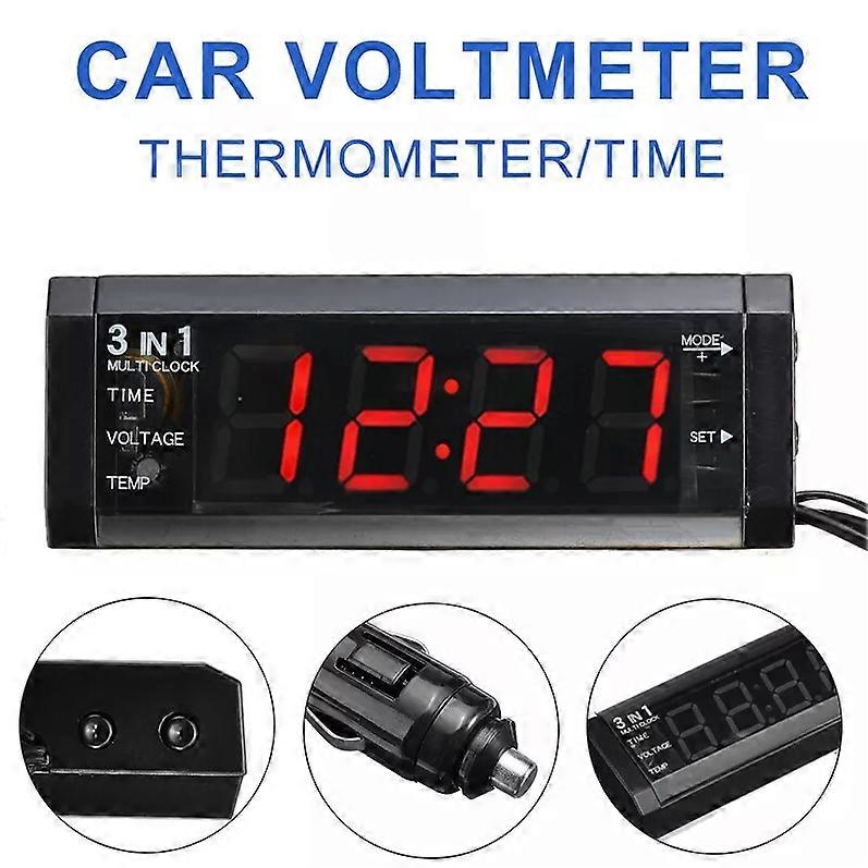 12V 3 In 1 Car CAR LED Voltmeter Thermometer Clock + LED Clock Digital Display