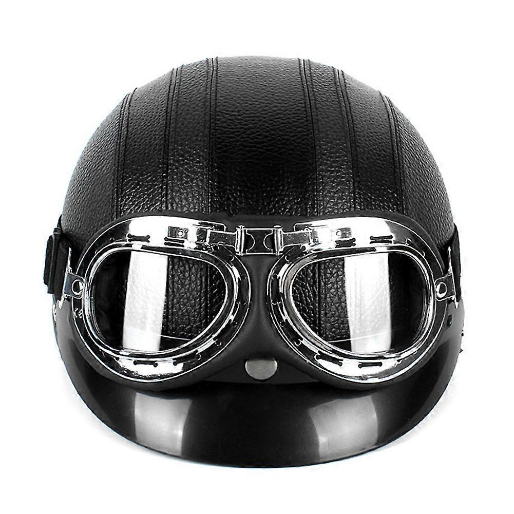 Timeless Black: PU Motorcycle Helmet with Goggles