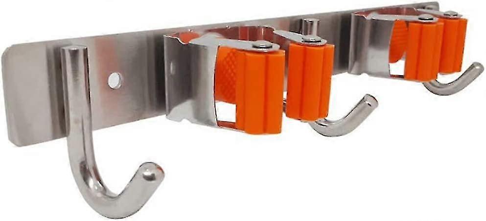 Utility Broom Holder, Stainless Steel Wall Mounted Storage Tool, With 2 Holders And 3 Hooks, Storage Solution