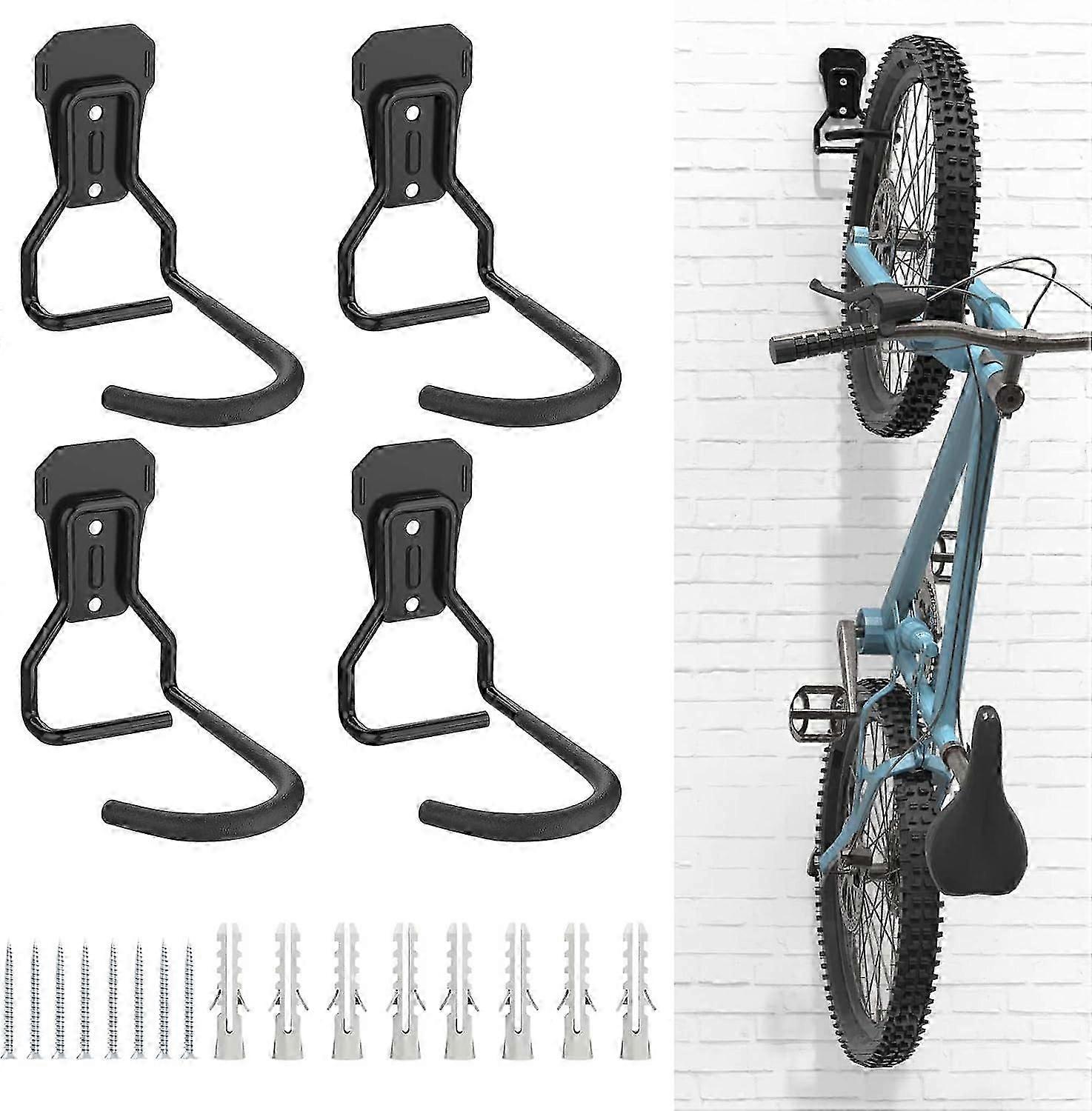 Set of 4 Bike Hooks, Iron Hanger Racks, Heavy Duty L-Shaped Storage Wall Mount, Practical Bike Rack for Home Garage, Black