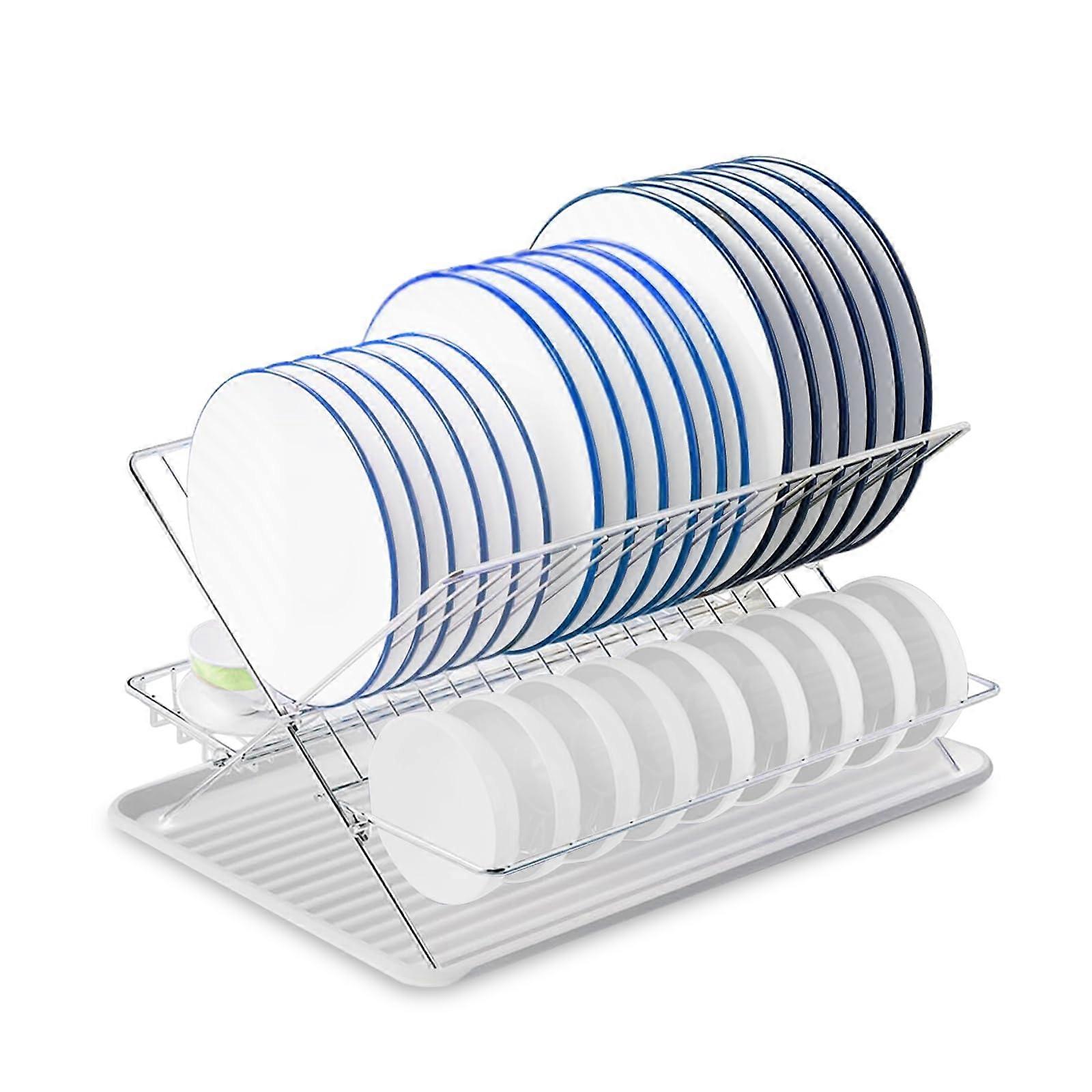 Collapsible Stainless Steel Dish Drying Rack Space Foldable Saving 2-Tier Large for Kitchen Counter