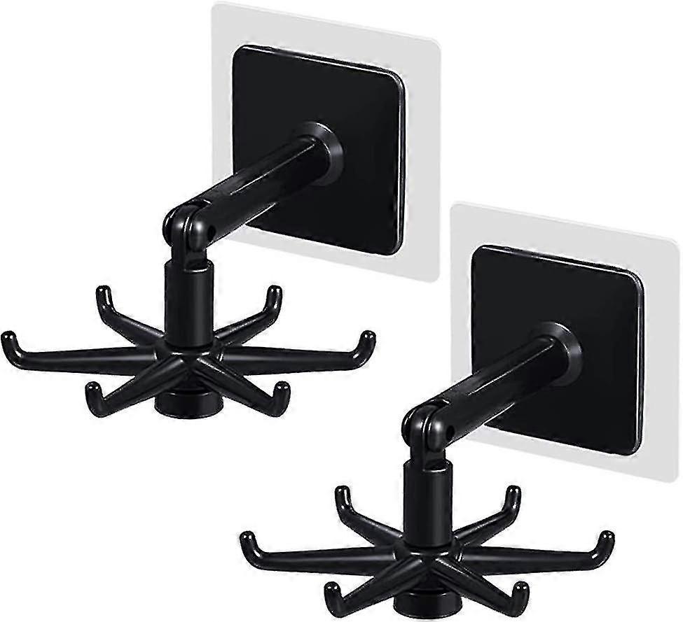 2-Piece 360-Degree Rotating and Folding 6-Claw Vertical Flip Hooks with Black Adhesive Backing