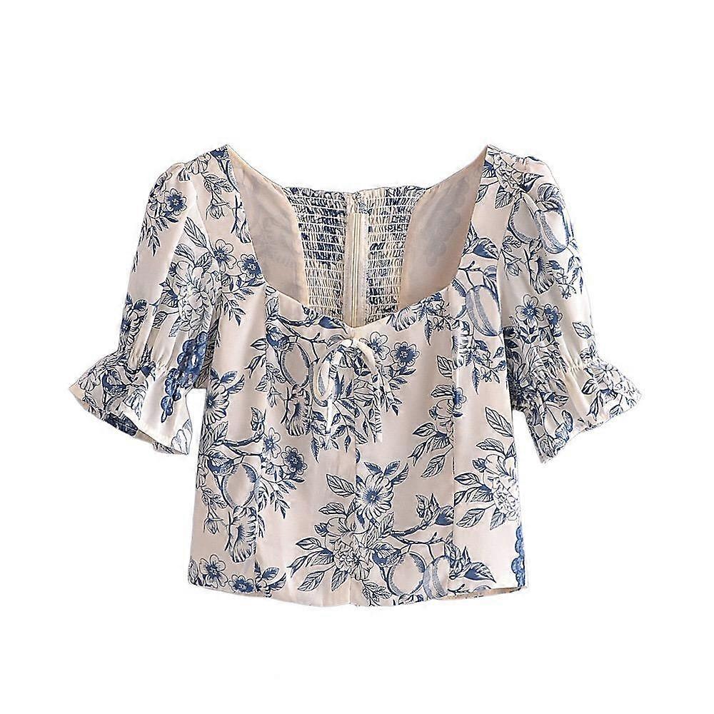Summer Vintage Ivory Blue Flower Print Shirt Retro Elastic Ruched Back Square Collar Short Sleeve Short Blouse tank top Tops