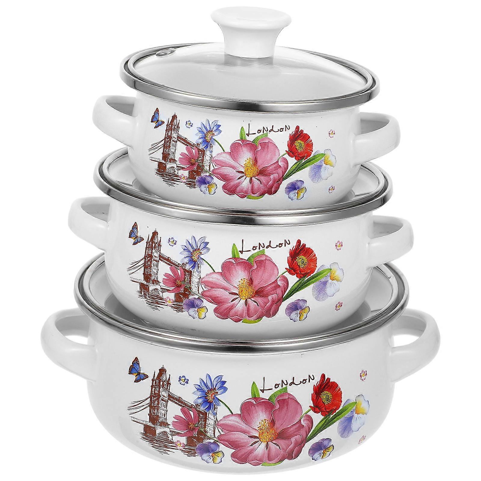 3pcs Stackable Enamel Soup Pots for Stewing, Instant Noodles & Ramen – Flat Bottom, Comfortable Handles, Assorted Patterns