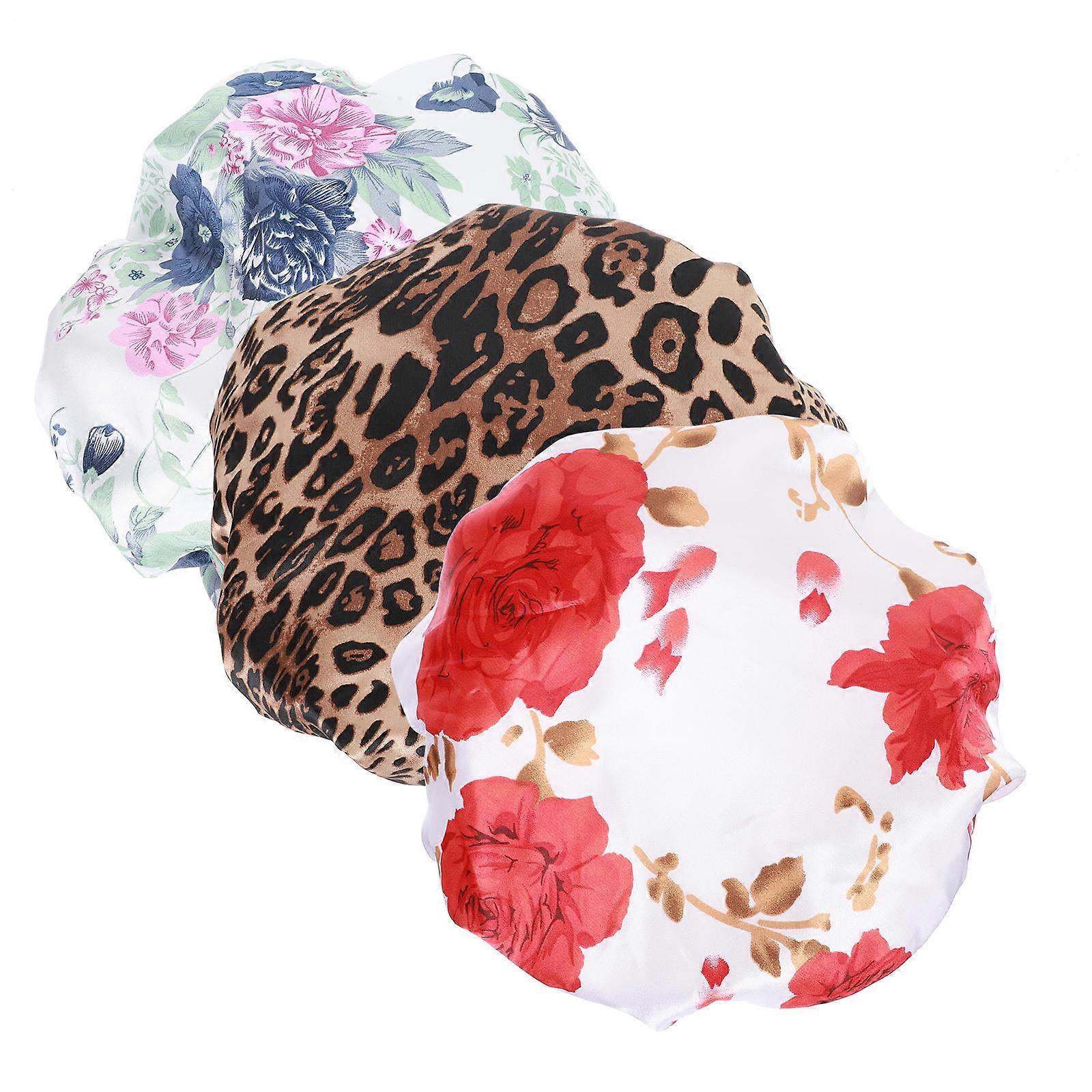 3Pcs Delicate Printed Shower Hat For Women With Waterproof Function In White With Red Flowers