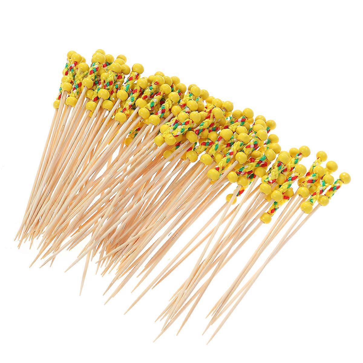 Cocktail Picks Fruit Skewers Wooden Toothpicks For Baby Shower Double Yellow Beads 100Pcs