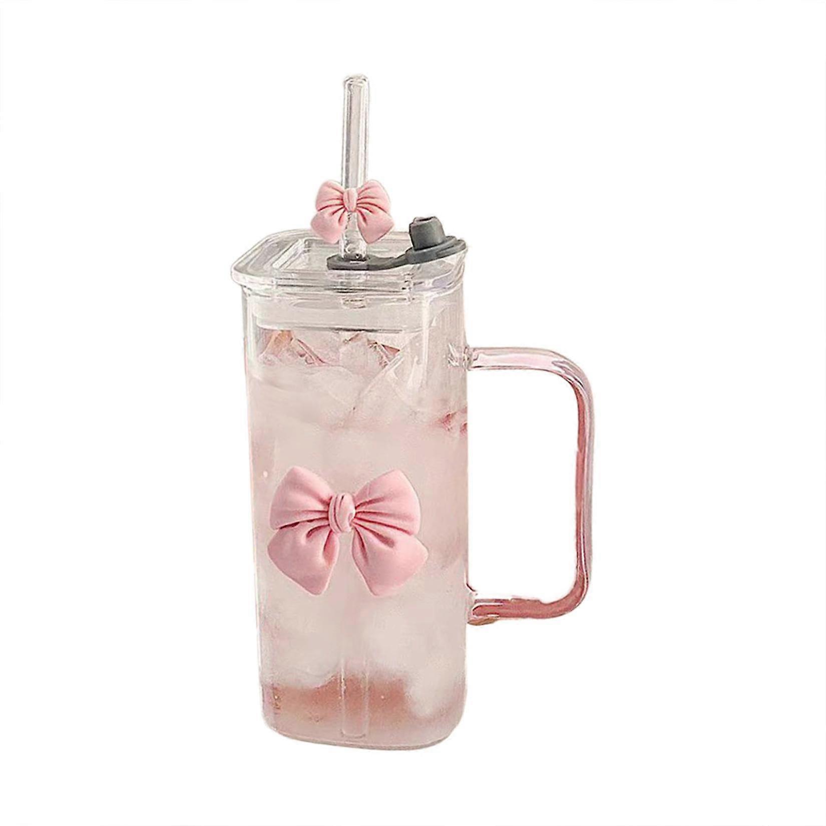 Glass With Lid And Straw Bow Glass Cup 390 Ml Iced Coffee Glass Matcha Cup Gift For Women