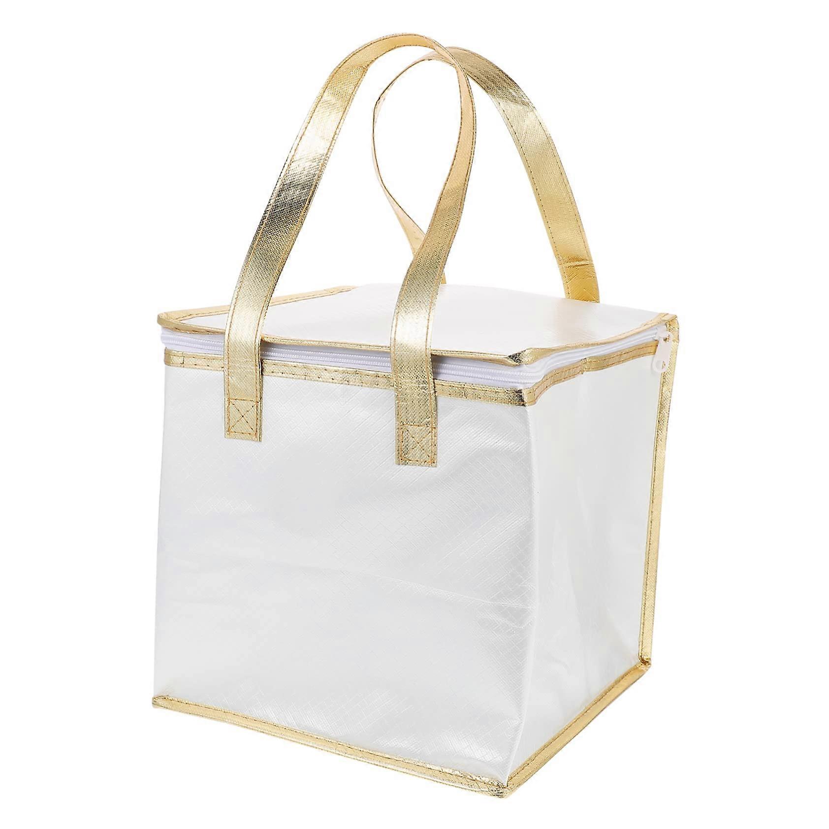 Insulated Cake Storage Bag for Pies and Pizza, Modern White Handheld Cool Bag with Golden Edges, Durable Material