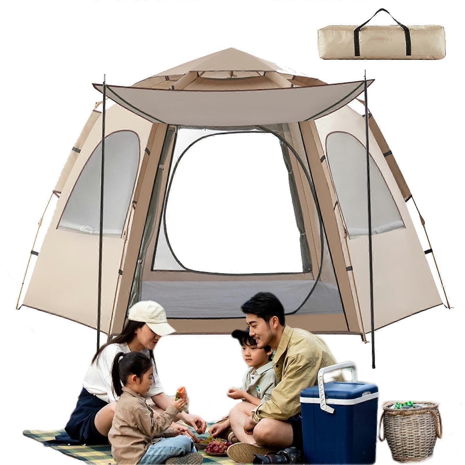 Instant Pop Up Tents For Camping Weather-Resistant Hub Tent Automatic Dome 2 Doors 3 Mesh Windows 5-8 Person Silver