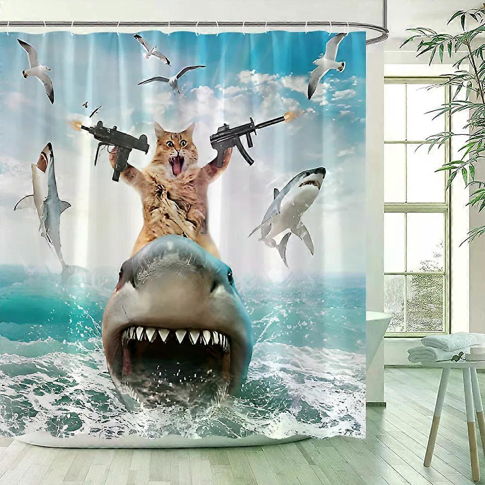 面白いシャワーカーテン、猫乗馬サメ海鳥海の波クールで楽しいポリエステル生地バスルーム装飾セット子供用、90x180cm-35x70in~07656