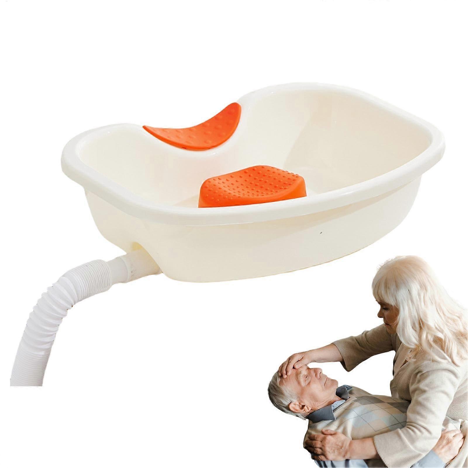 Bedside shampoo basin for bedridden individuals with neck support, drainage hose, white
